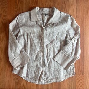 Facconable Linen Womens Button Down 3/4 Sleeve Button Beige Khaki Top Size Large
